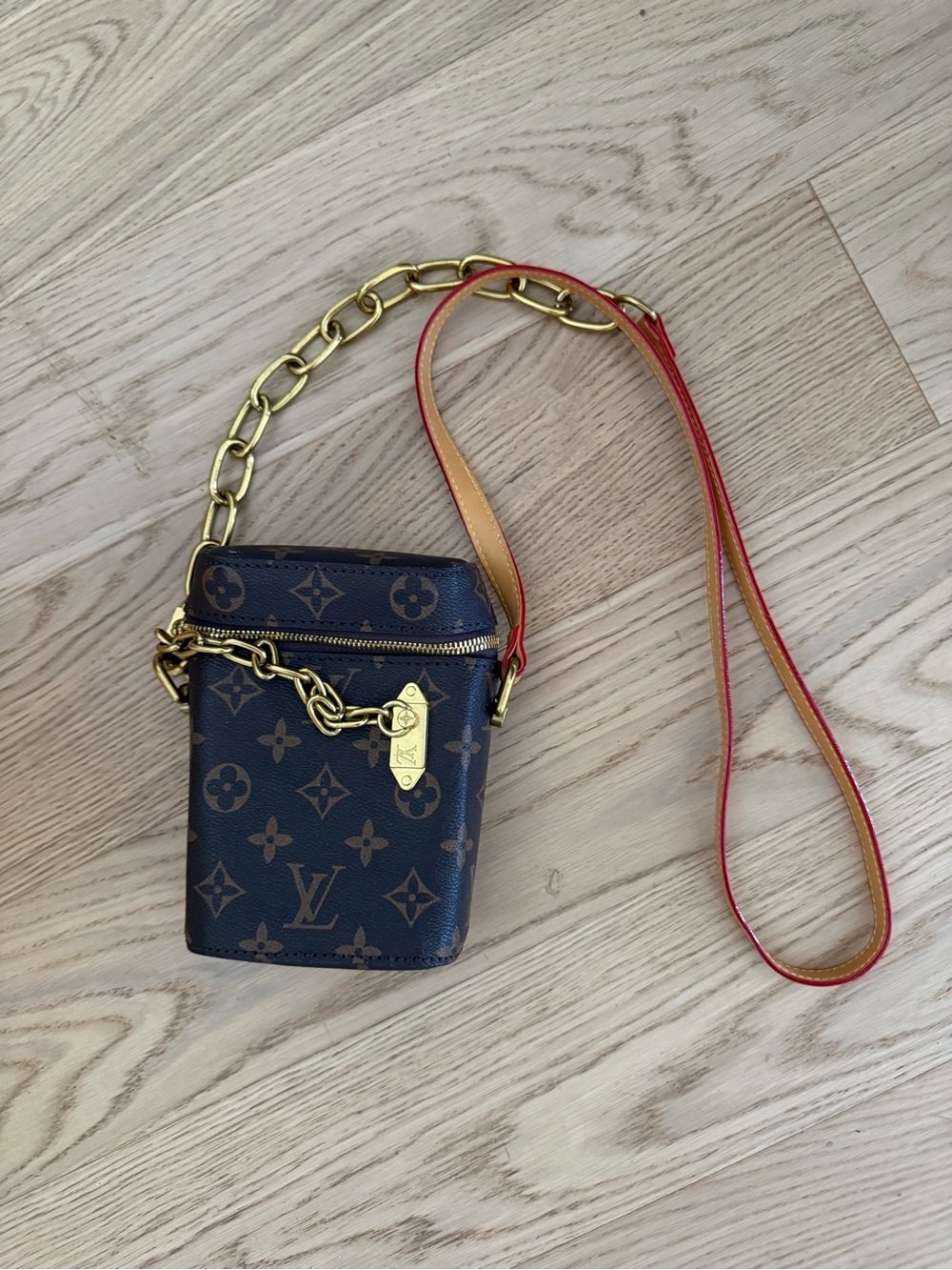 Louis Vuitton Monogram Mini Crossbody with Red-Trim Strap and Gold Hardware